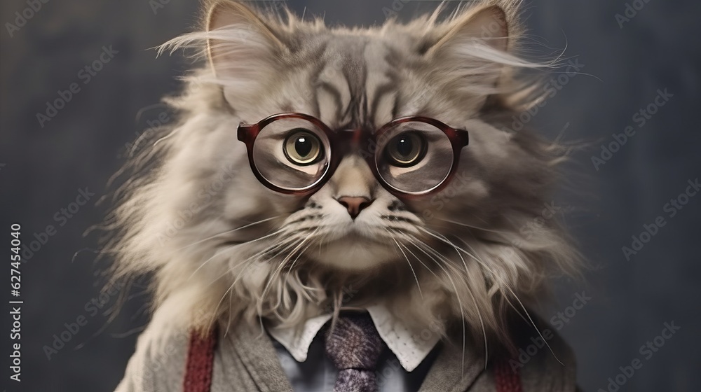 Illustration of a cat dressed in glasses, sweater, and tie