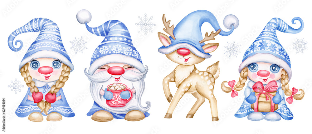 Set of Christmas Scandinavian gnomes hand drawn watercolor illustration. Cartoon nordic girl gnome and funny christmas deer in santa hat and snowflakes for holiday card