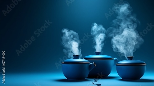 Illustration of a collection of steaming teapots