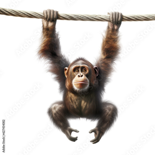 Funny baby monkey swinging on a rope isolated on white