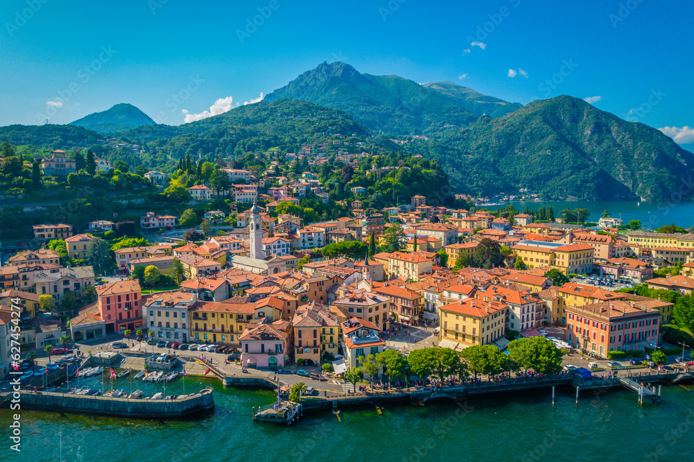 Menaggio, Como Lake. Aerial panoramic view Menaggio town surrounded by mountains and located in Como Lake, Lombardy, Italy