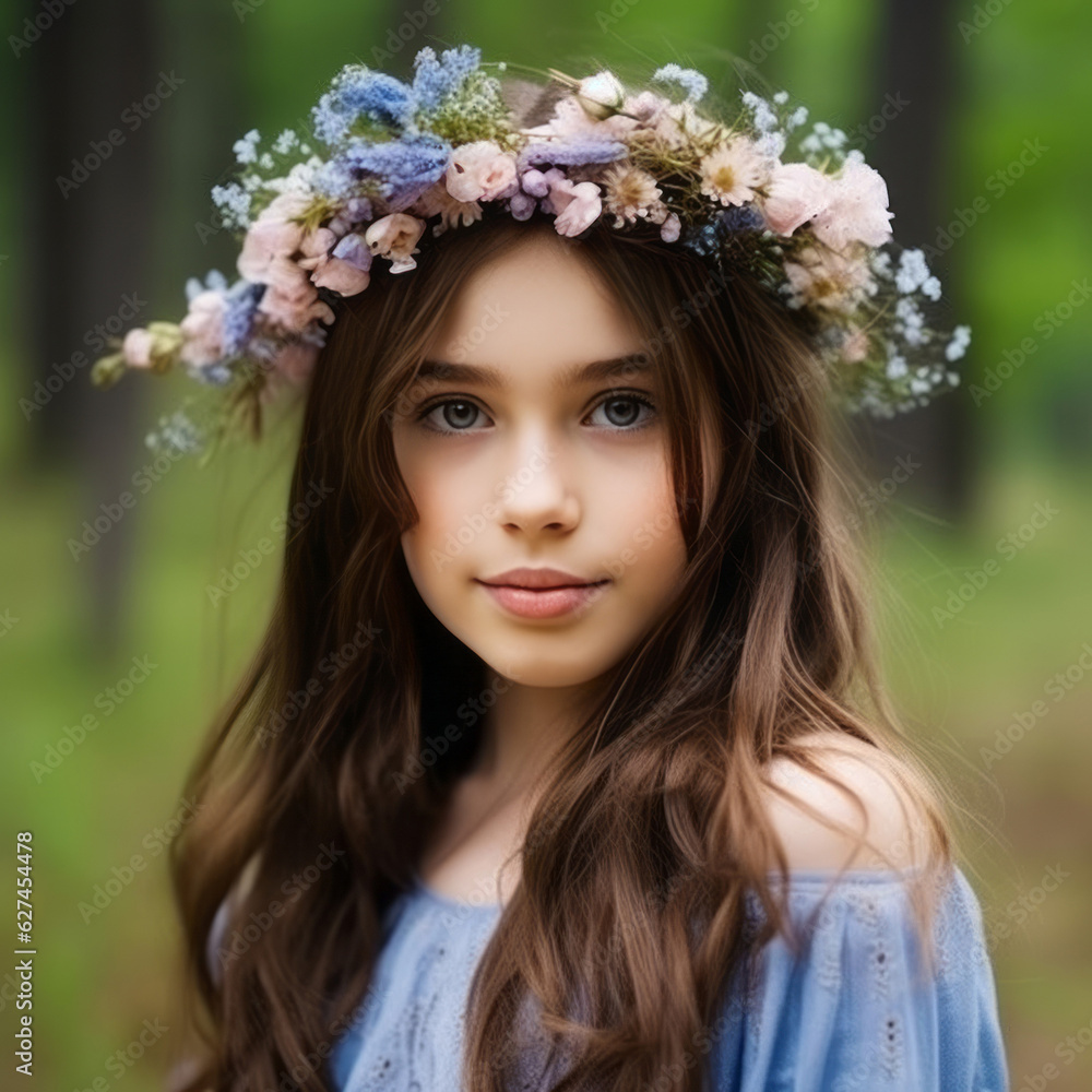 Beautiful little girl with long wavy hair and wreath of flowers on her head, on  nature. Portrait of beautiful preteen girl with wreath of spring flowers on her head.