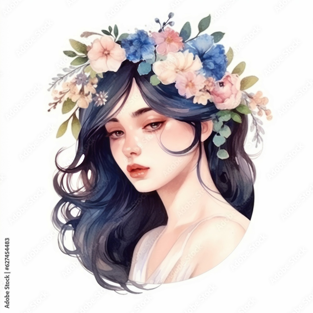 Art watercolor portrait of a beautiful girl with a wreath of flowers on her head. Art portrait of young brunette girl with wreath of spring blue and pink meadow flowers