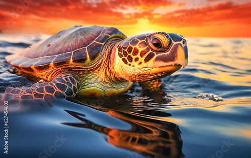 Sea turtles swim in the beautiful blue ocean at sunset. Generative AI