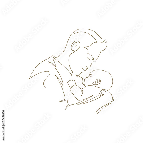 Happy family father hugging baby newborn son enjoy parenthood continuous line art style logo vector