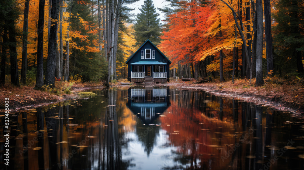 Quaint, rustic cabin nested in a vibrant autumn forest. Generative AI Quaint, rustic cabin nested in a vibrant autumn forest. Generative AI
