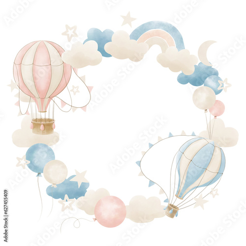 Wreath with hot Air Balloons in pastel colors. Hand drawn circular Frame with vintage aircrafts with clouds and stars for Baby shower greeting cards or kid invitations on white isolated background.