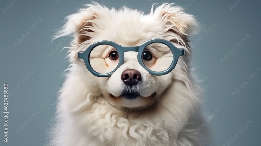 Dog wearing glasses. Smart fluffy dog with round glasses Dog wearing glasses. Smart fluffy dog with round glasses