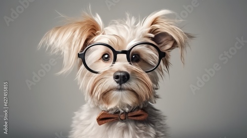 Illustration of a stylish dog wearing glasses and a bow tie