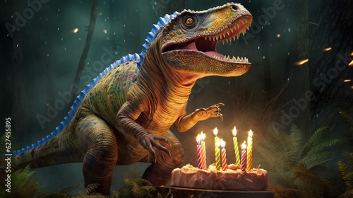 Illustration of a dinosaur celebrating its birthday with a cake and lit candles