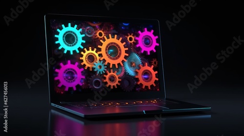 Illustration of a laptop displaying a vibrant and dynamic gear design