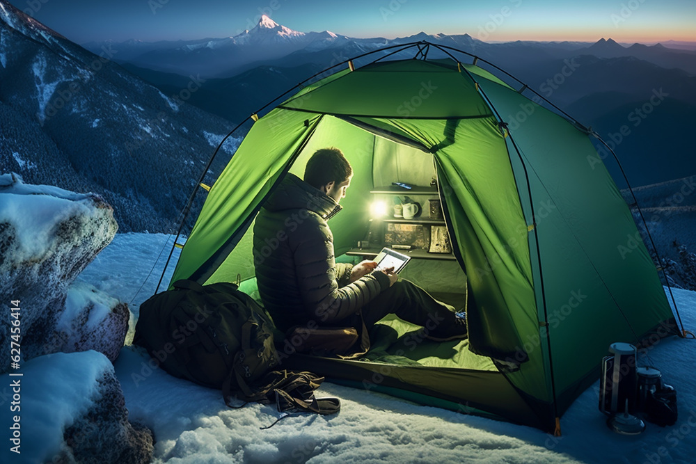 Young professional photographer with computer works in the snowy winter forest. Mountain's camping for work at distance. AI Generative