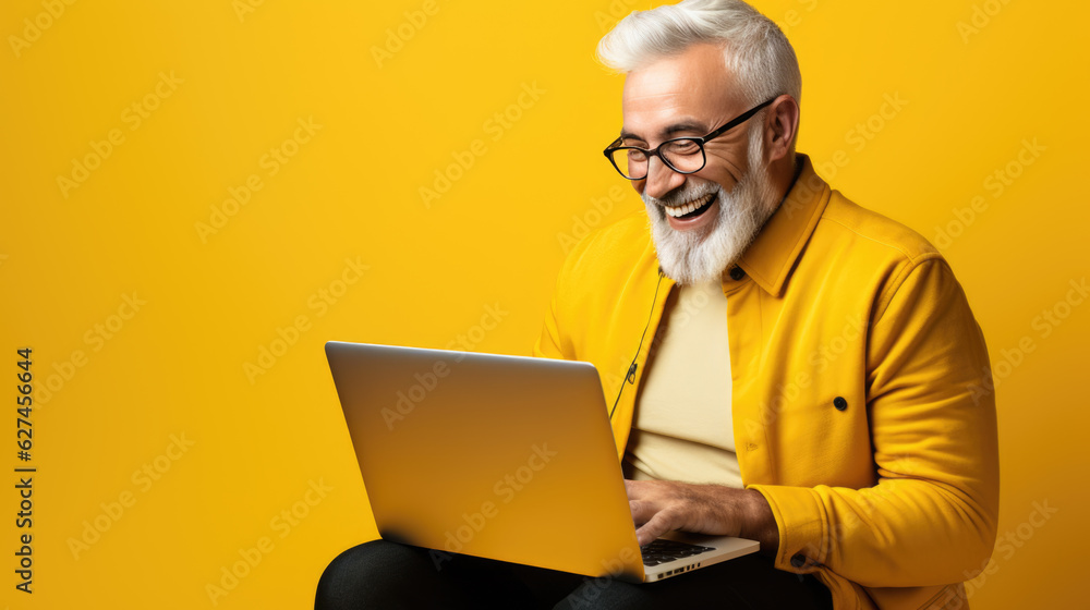 Elderly man working on a laptop on a yellow background. Elderly man working on a laptop on a yellow background.