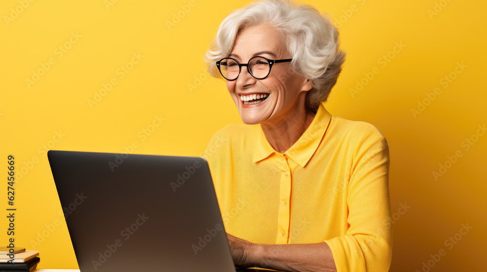 Elderly woman working on a laptop on a yellow background. Elderly woman working on a laptop on a yellow background.