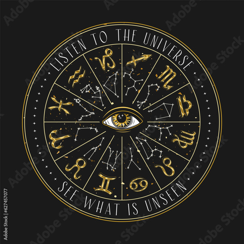 Horoscope wheel with constellation, golden shiny zodiac signs, all seeing, third eye in centre. Text Listen to Universe. Mystical astrological illustration in vintage style.