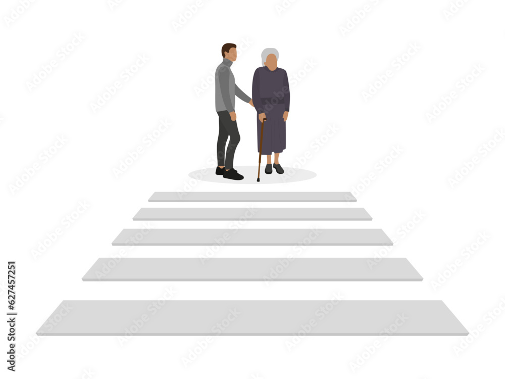 Male character helping an old woman to cross the road on a white background