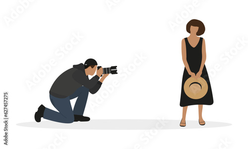 Male character taking a photo of a female character on a white background