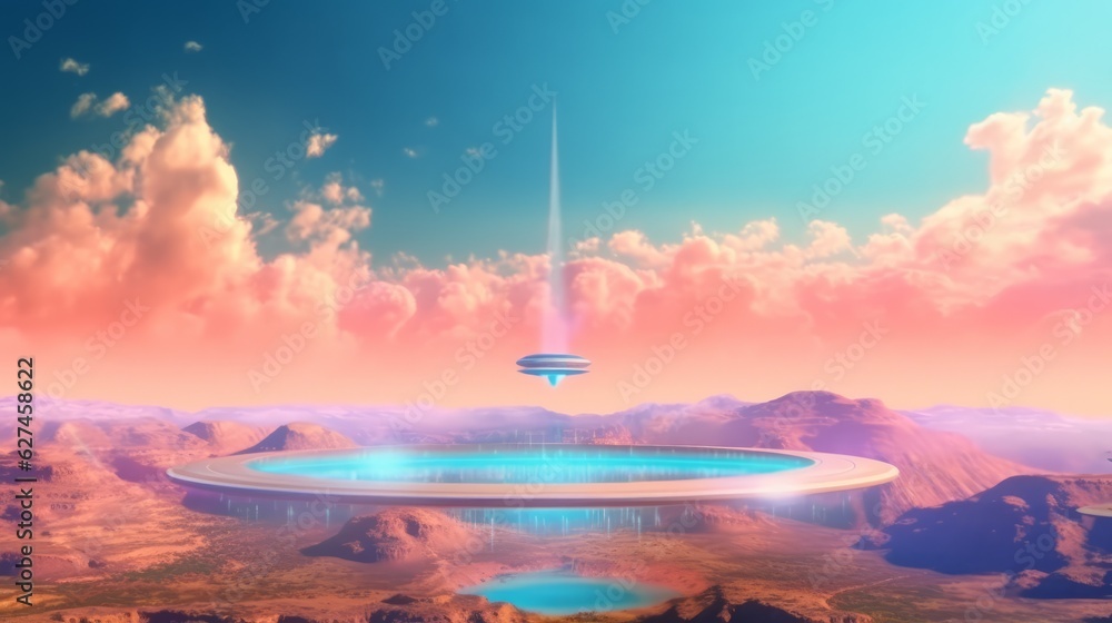 Illustration of a futuristic space station in the middle of the desert