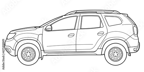 Classic luxury suv car. Crossover car front view shot. Outline doodle vector illustration. Design for print, coloring book 