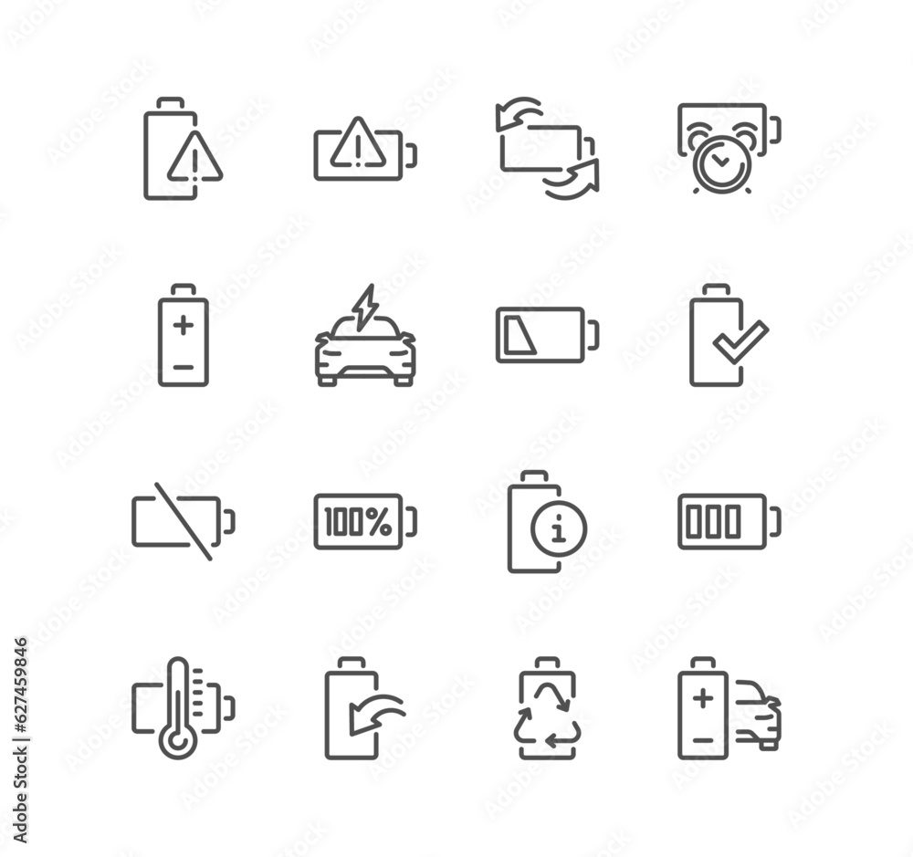 Set of battery related icons, rcycle, phone charging, battery life, car charge station, battery warning and linear variety vectors.