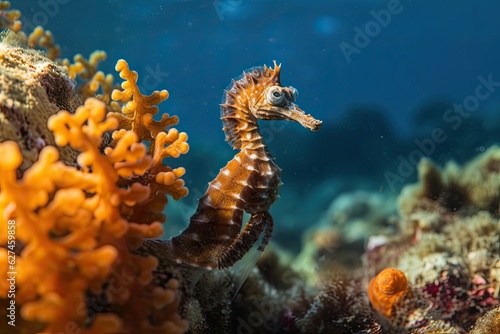 Seahorse swimming among vibrant corals and curious fish., generative IA © Gabriel