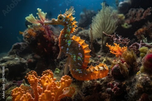 Seahorse swimming among vibrant corals and curious fish., generative IA