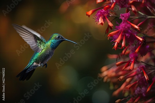Iridescent hummingbird amidst the lush flowers., generative IA