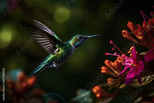 Iridescent hummingbird amidst the lush flowers., generative IA © Gabriel