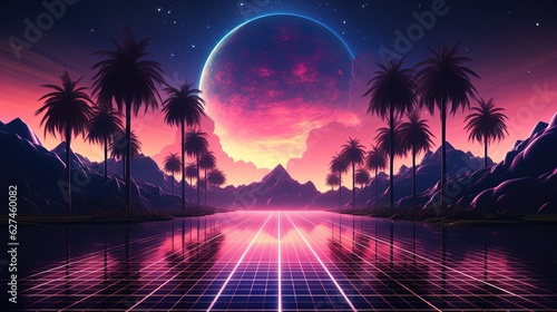 Generative AI  80s retro futuristic sci-fi.  nostalgic 90s. Night and sunset neon colors  cyberpunk vintage illustration. Sun  mountains and palms. Retrowave VJ videogame landscape..