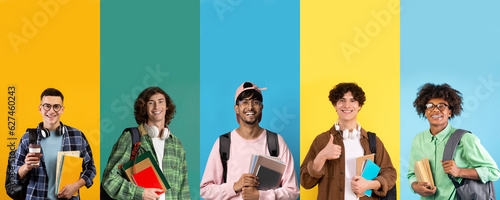 International group of happy guys students posing on colorful backgrounds