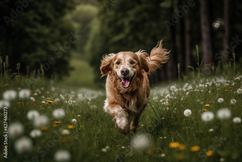 Golden retriever playing in the field with flowers., generative IA