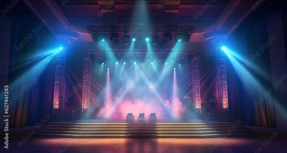 Illustration of a brightly lit stage with multiple spotlights shining down - obrazy, fototapety, plakaty 