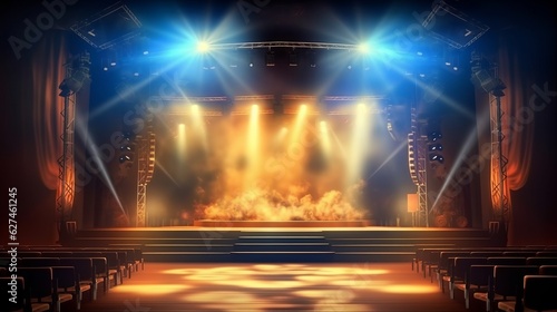 Illustration of a brightly lit stage with multiple spotlights shining down © NK