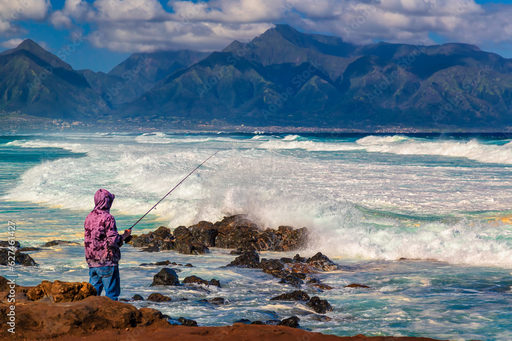 Fisherman at Ho'okipa Point, Maui, Hawaii in Rough Surf
Fisherman at Ho'okipa Point, Maui, Hawaii in Rough Surf