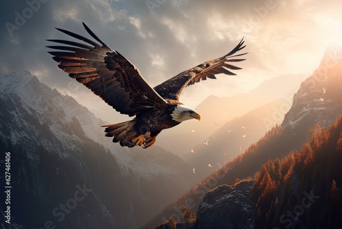 Print op canvas Majestic eagle flying over mountain peaks at dusk., generative IA
