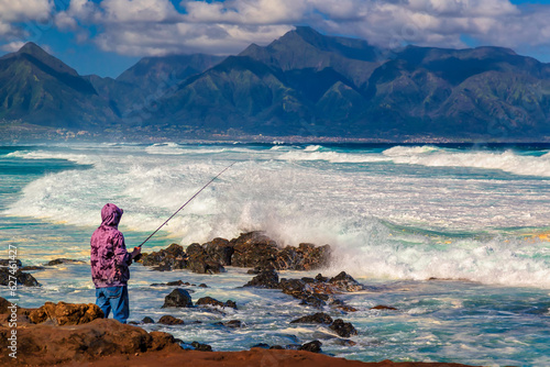 Fisherman at Ho'okipa Point, Maui, Hawaii in Rough Surf
