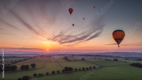 Hot air balloon festival at sunset over the countryside. Generative AI