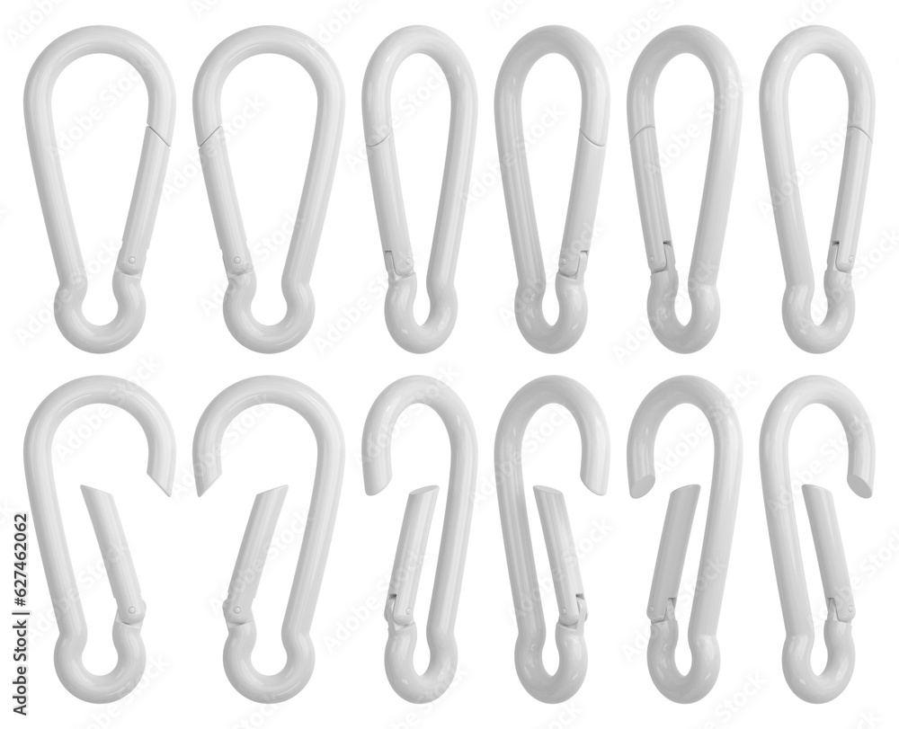 White carabiner set in different positions. 3D rendered isolated mockup. White carabiner set in different positions. 3D rendered isolated mockup.