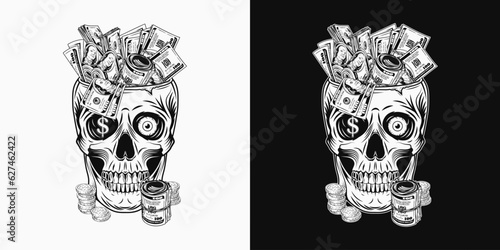 Human skull with single eye,100 dollar bills, gold dollar sign, coins. Skull like cup full of cash money. Concept of making money. Black and white illustration in vintage style