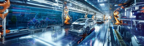 Automated robotics futuristic electric cars factory production line as wide banners with statistics of production and efficiency as wide banner with copy space area - Generative AI photo