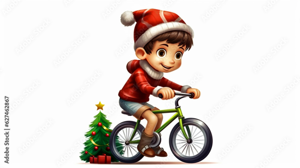 Young boy wear Christmas dress and Riding a Bike, Ai generated art illustration.
