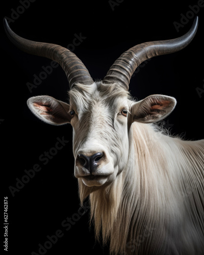Photorealistic image of a white domestic goat with crooked horns © Evgeniya Fedorova