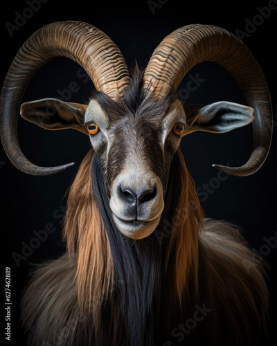 Photorealistic image of a wild goat with orange eyes and curved horns