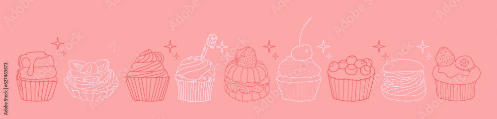 A set of various cakes, muffins and cupcakes offline. Minimalism, one continuous line, sketch, drawing. Symbol, emblem, logo, packaging design element, labels. A set of various cakes, muffins and cupcakes offline. Minimalism, one continuous line, sketch, drawing. Symbol, emblem, logo, packaging design element, labels.