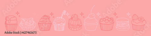 A set of various cakes, muffins and cupcakes offline. Minimalism, one continuous line, sketch, drawing. Symbol, emblem, logo, packaging design element, labels.