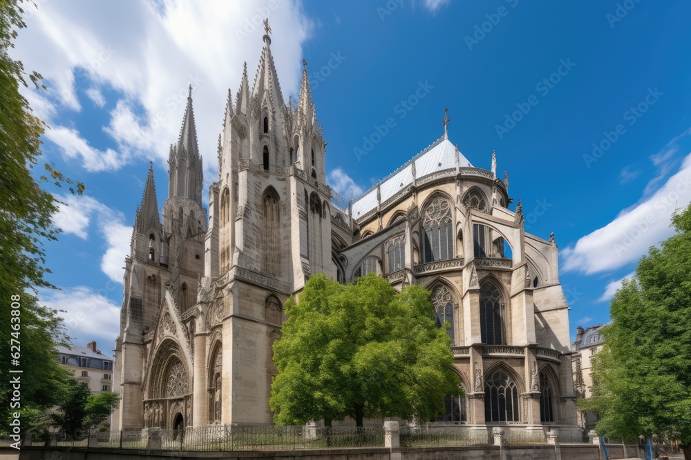 Imposing Gothic basilica, colorful stained glass windows and majestic pillars., generative IA