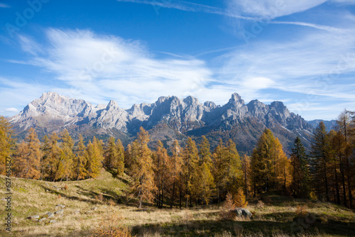 Fototapeta Naklejka Na Ścianę i Meble -  Dolomites range landscape. San Martino di Castrozza mountains view