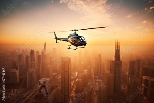 Majestic helicopter hovering over urban skyscrapers., generative IA