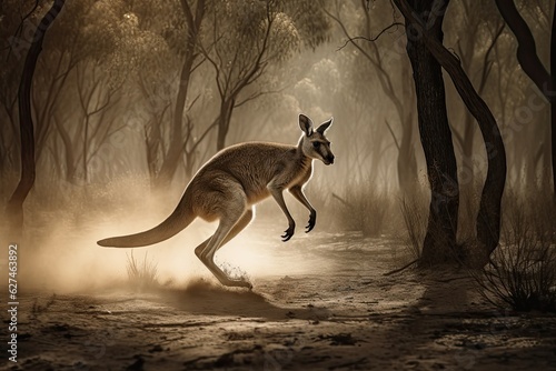 Majestic kangaroo jumps in the Australian Outback., generative IA