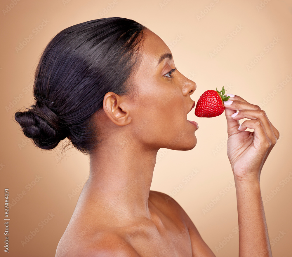 Woman, strawberry and skincare with natural beauty or benefits from healthy nutrition, diet and eating fruit. Girl, profile and food with vitamin c for skin to glow, shine or wellness of body Woman, strawberry and skincare with natural beauty or benefits from healthy nutrition, diet and eating fruit. Girl, profile and food with vitamin c for skin to glow, shine or wellness of body